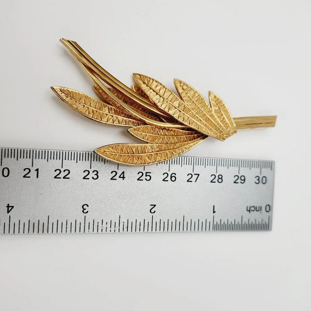 Vintage Corocraft Leaves Branch Floral Lattice Modernist Gold Plated Brooch
